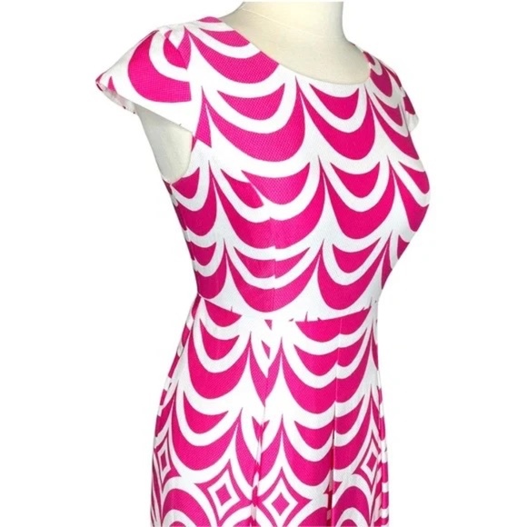 TALBOTS Geo Scallop Cap Sleeve Fit & Flare Pleated Dress Pink/White 6 - Picture 9 of 14
